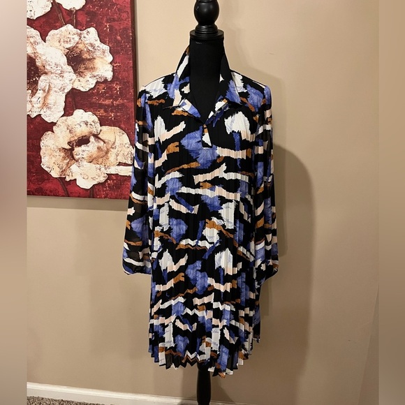 Women's Nine West Georgette A-Line Pleated Dress with Collar & B-Neck, Size L - Picture 2 of 6